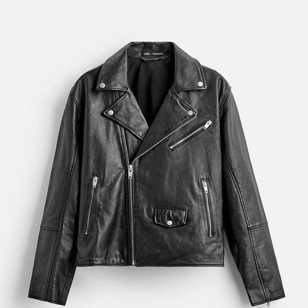 Zara Black 100% Leather Biker Jacket for Men - Medium